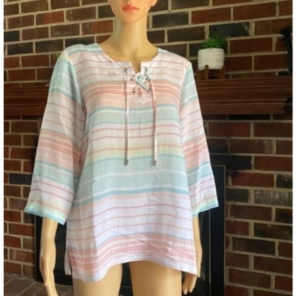 Alfred Dunner Women's round neck striped shirt drawstring front size S New - Picture 2 of 9